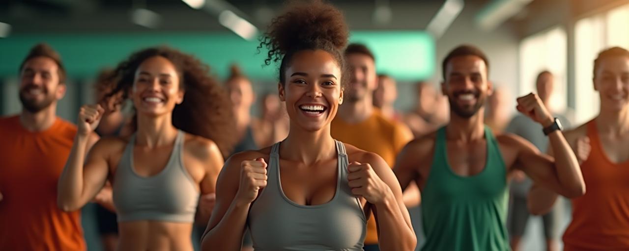 Visual motivasi orang-orang berolahraga bersama di gym dengan suasana penuh energi